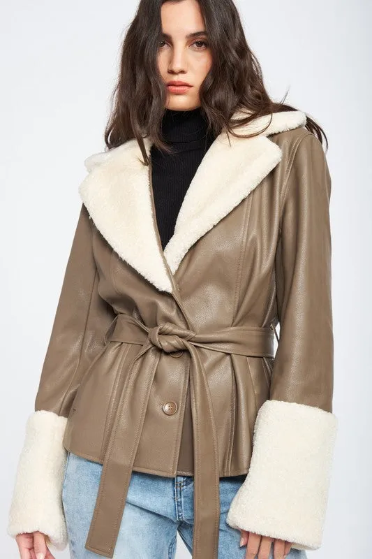 TEEK - BELTED FAUX SHEARING TRIMMED JACKET