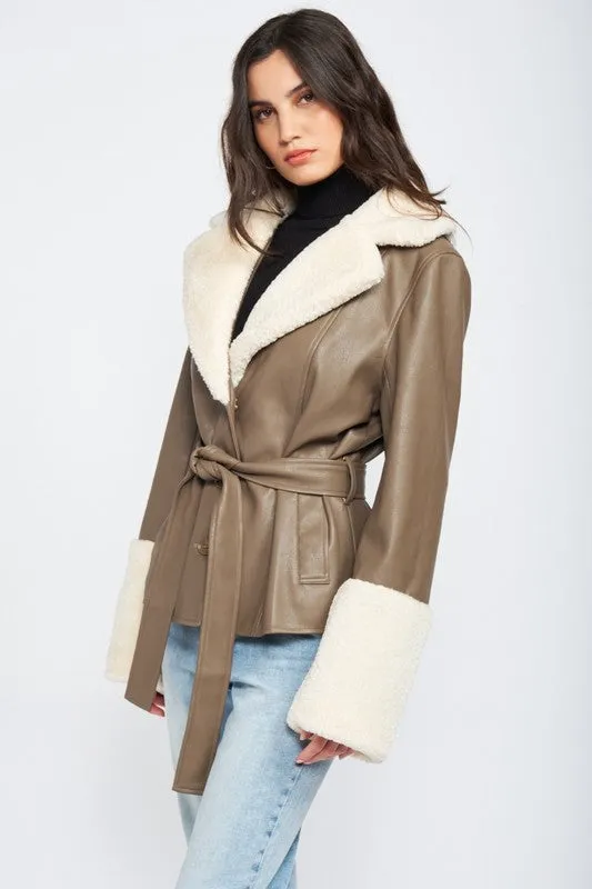 TEEK - BELTED FAUX SHEARING TRIMMED JACKET