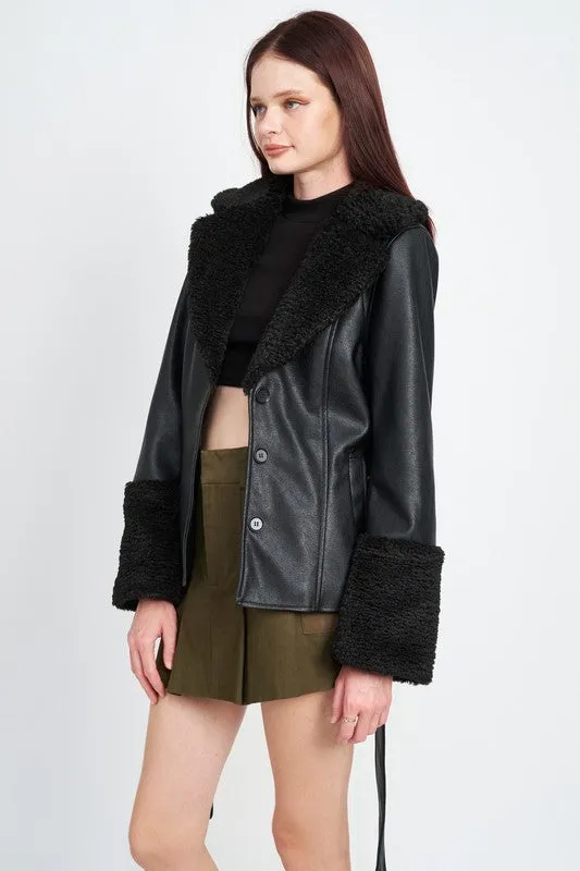 TEEK - BELTED FAUX SHEARING TRIMMED JACKET