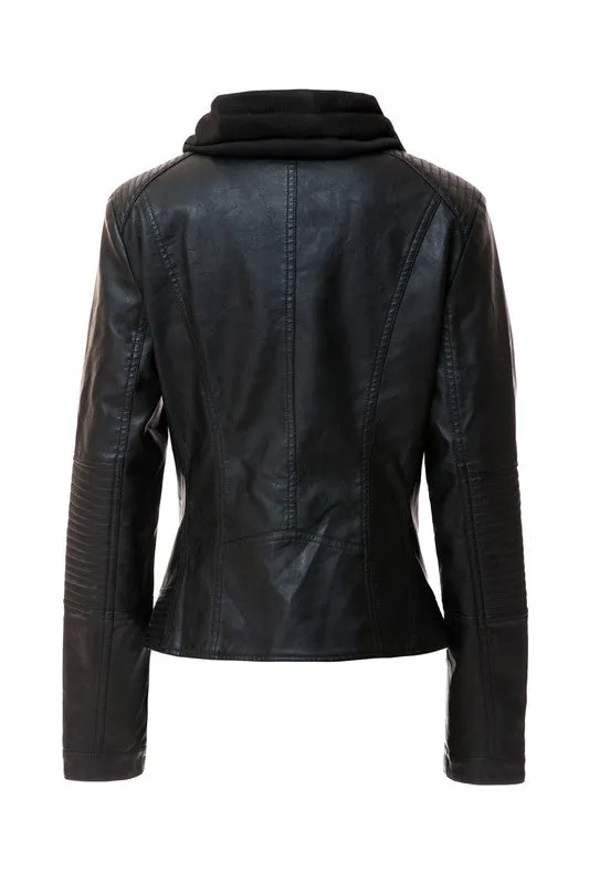 TEEK - Women Detachable Hood PU Leather Jacket