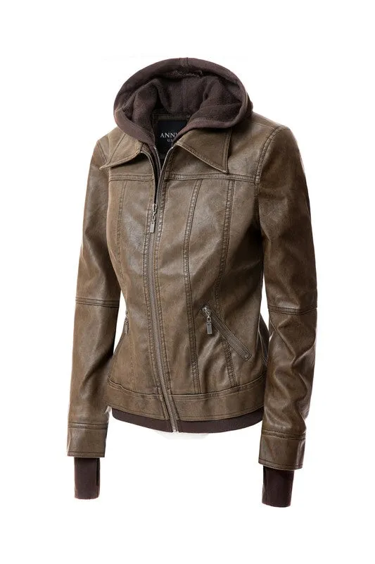 TEEK - Women Detachable Hood PU Leather Jacket