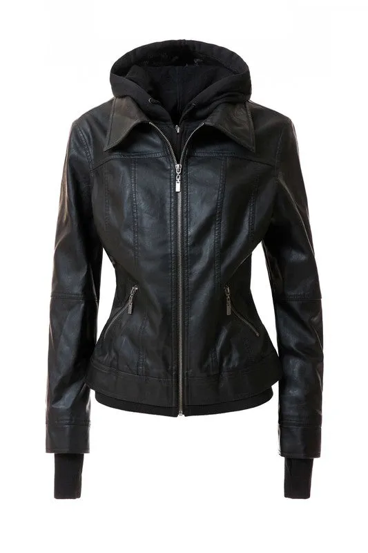 TEEK - Women Detachable Hood PU Leather Jacket