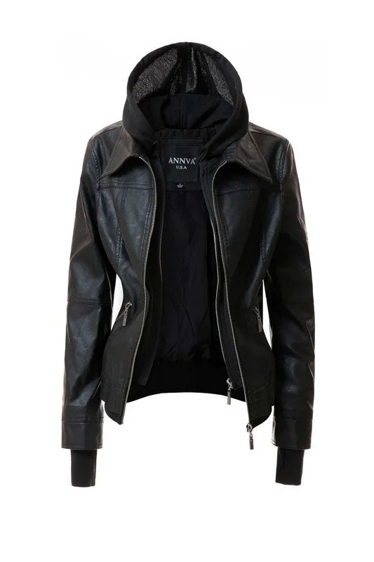 TEEK - Women Detachable Hood PU Leather Jacket