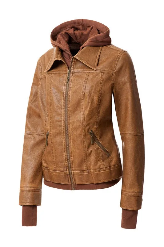 TEEK - Women Detachable Hood PU Leather Jacket