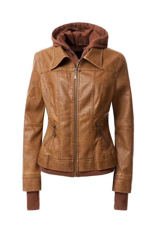 TEEK - Women Detachable Hood PU Leather Jacket