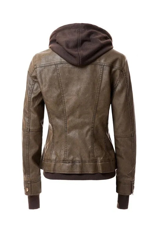 TEEK - Women Detachable Hood PU Leather Jacket