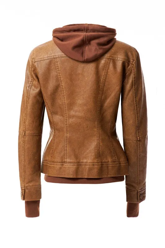 TEEK - Women Detachable Hood PU Leather Jacket