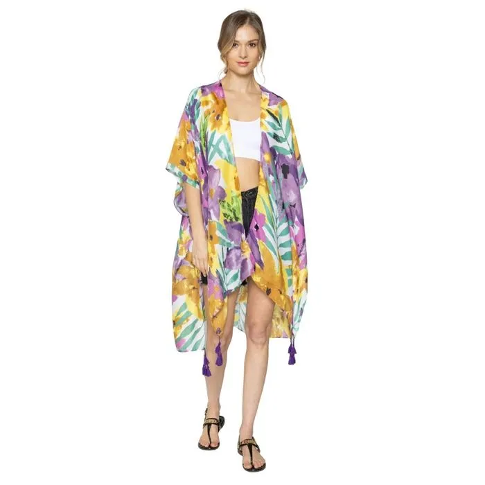 Turquoise Tropical Floral Tassel Kimono