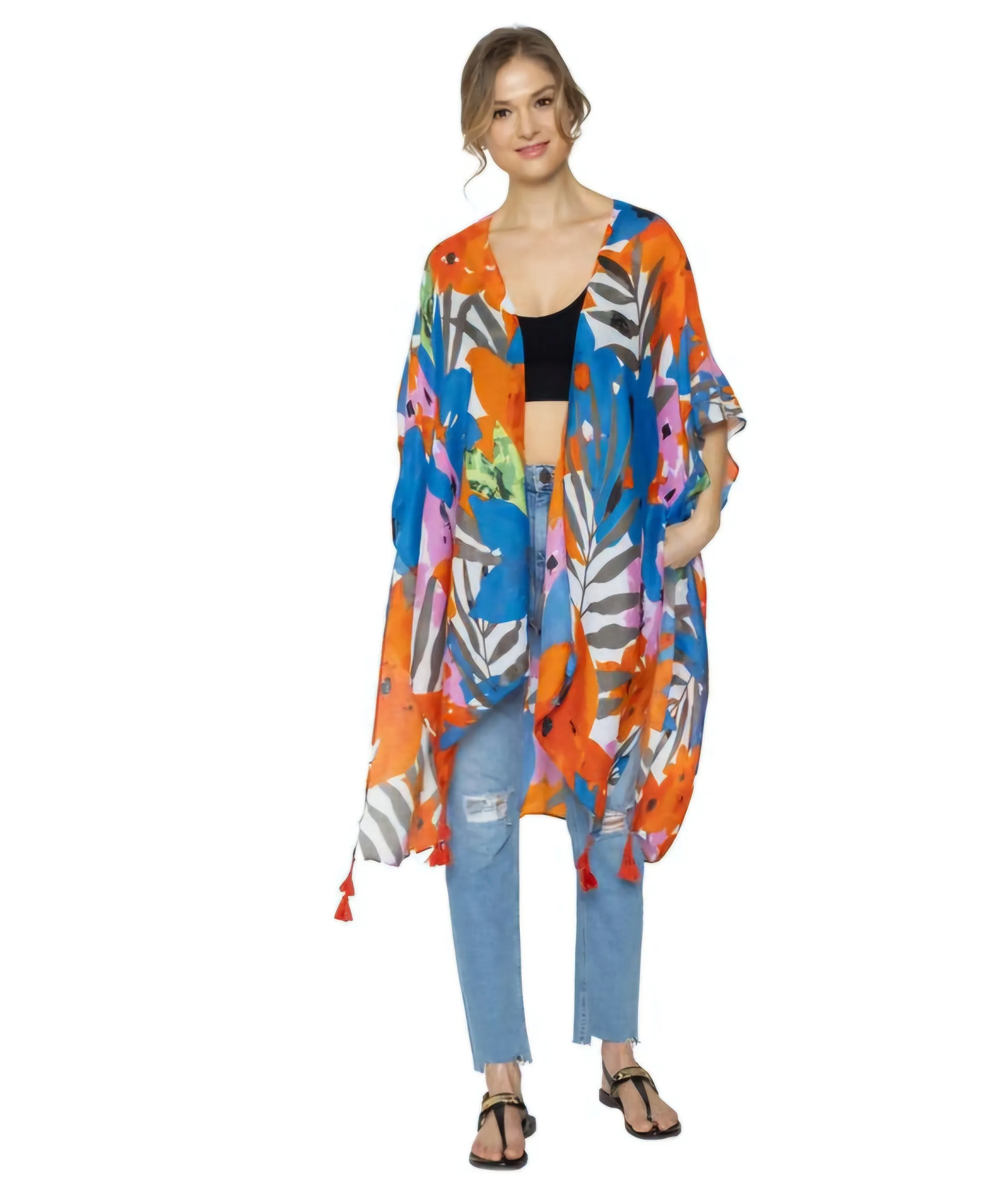 Turquoise Tropical Floral Tassel Kimono