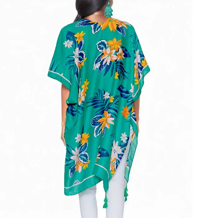 Turquoise Tropical Floral Tassel Kimono