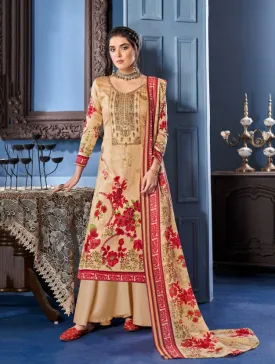 Unstitched Beige Salwar Suit Dress Material With Cotton dupatta