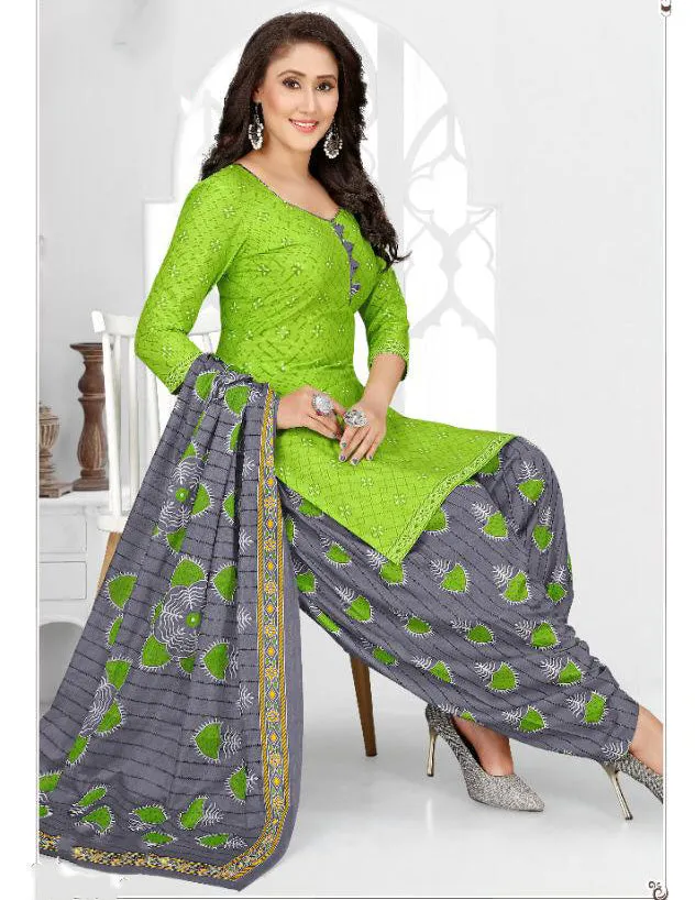 Unstitched Cotton Green Punjabi Suit Set Dress Material Fabric