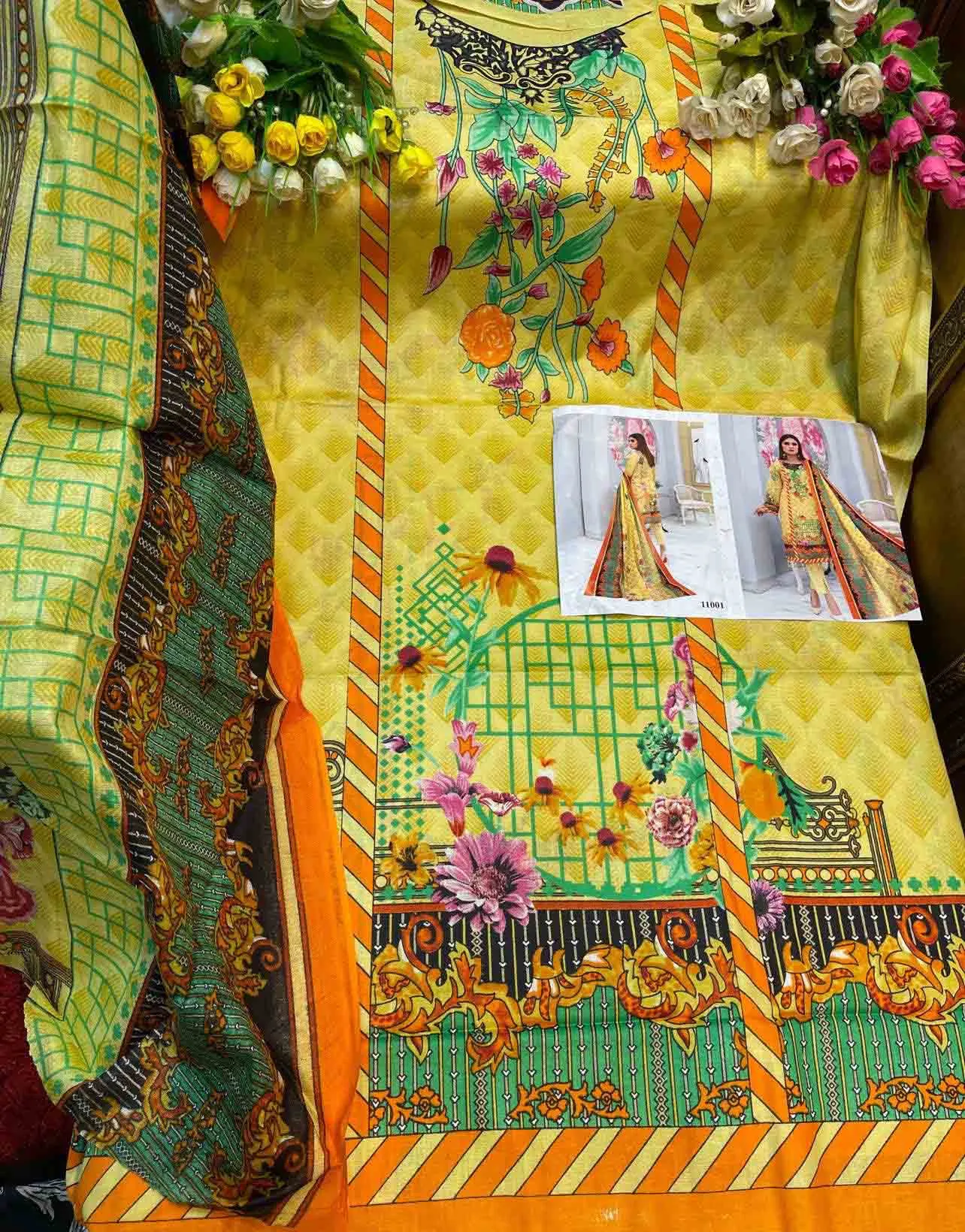 Unstitched Cotton Yellow Salwar Suit Pakistani Dress Material