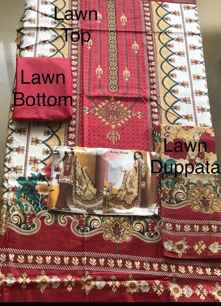 Unstitched Maroon Pakistani Lawn Cotton Salwar Suits for Women