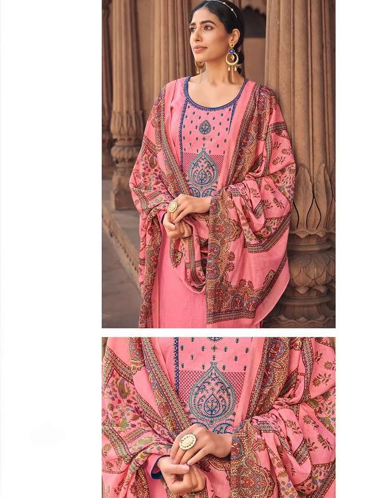 Unstitched Pink Jam Cotton Salwar Suit Material with Muslin Dupatta