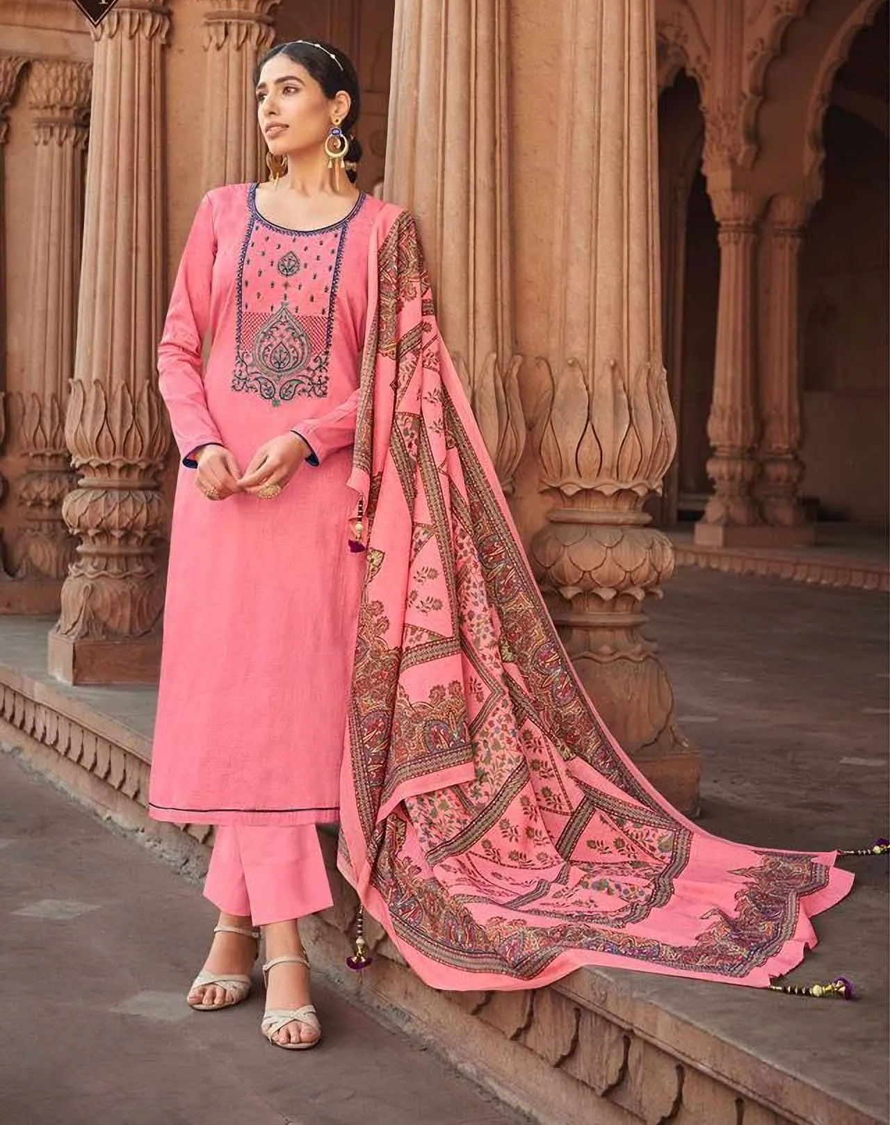 Unstitched Pink Jam Cotton Salwar Suit Material with Muslin Dupatta