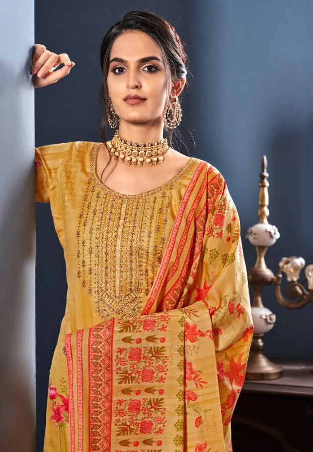 Unstitched Yellow Salwar Suit Dress Material With Cotton dupatta