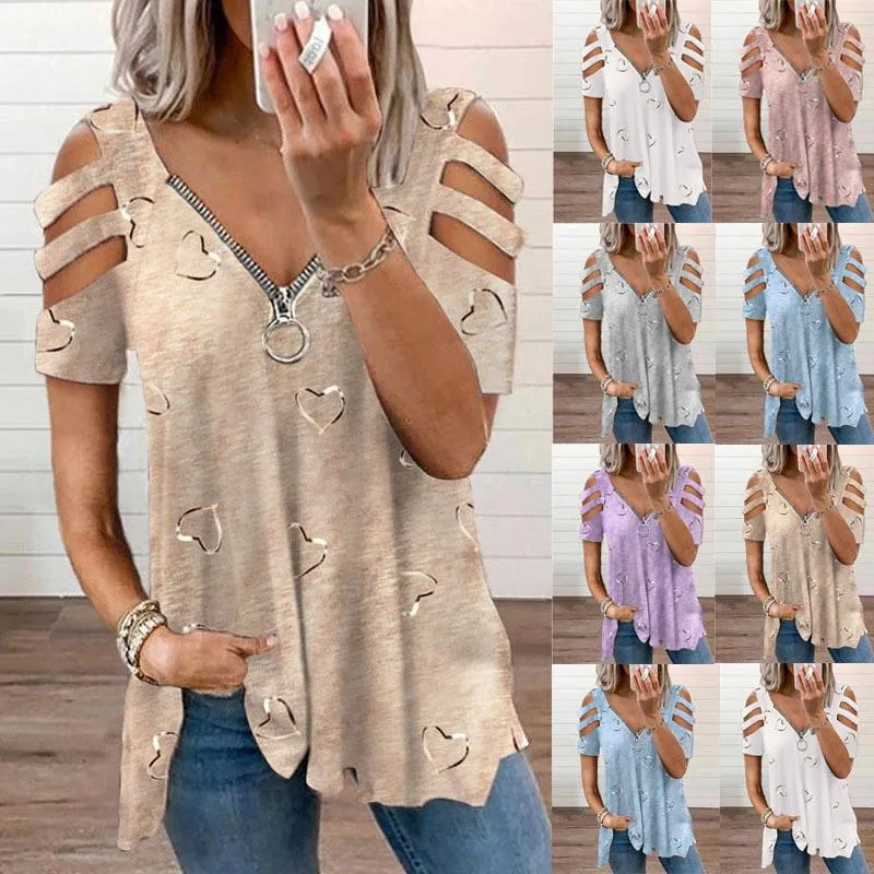 V-neck zipper printed short-sleeved loose casual T-shirt