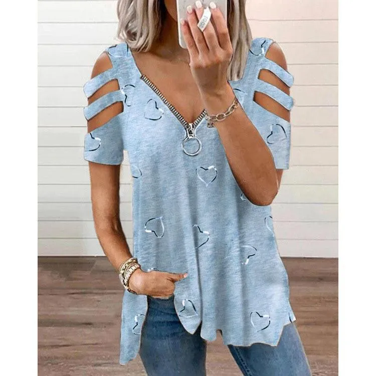 V-neck zipper printed short-sleeved loose casual T-shirt