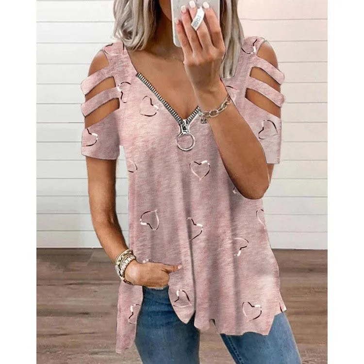 V-neck zipper printed short-sleeved loose casual T-shirt