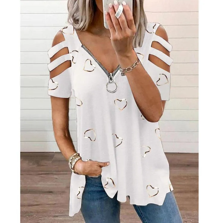 V-neck zipper printed short-sleeved loose casual T-shirt