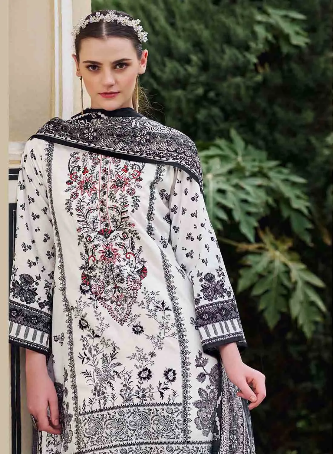 White Pakistani Print Unstitched Cotton Suit Dress Material with Embroidery