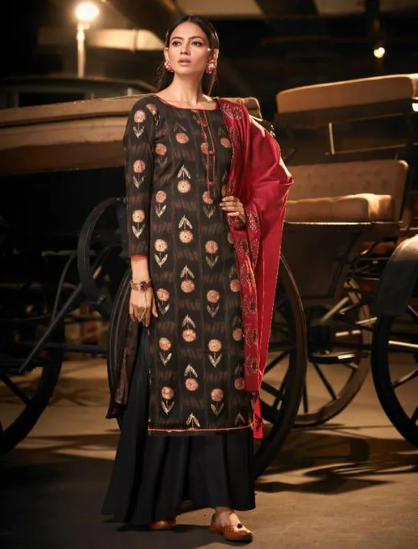 Women's Black Unstitched Cotton Salwar Suit Material with Dupatta