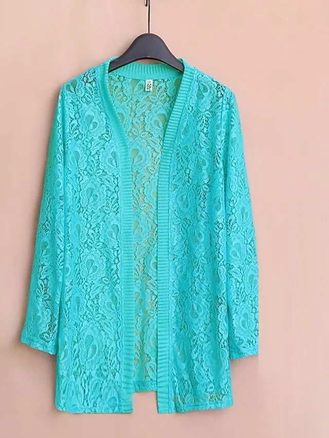 Women's Cardigan Sweater Jumper Knit Embroidered Lace Trims Pure Color V Neck Stylish Elegant Outdoor Work Spring Summer Green Purple XL 2XL 3XL / Long Sleeve / Regular Fit / Going out