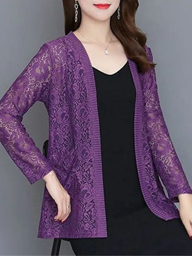 Women's Cardigan Sweater Jumper Knit Embroidered Lace Trims Pure Color V Neck Stylish Elegant Outdoor Work Spring Summer Green Purple XL 2XL 3XL / Long Sleeve / Regular Fit / Going out