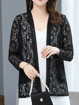 Women's Cardigan Sweater Jumper Knit Embroidered Lace Trims Pure Color V Neck Stylish Elegant Outdoor Work Spring Summer Green Purple XL 2XL 3XL / Long Sleeve / Regular Fit / Going out