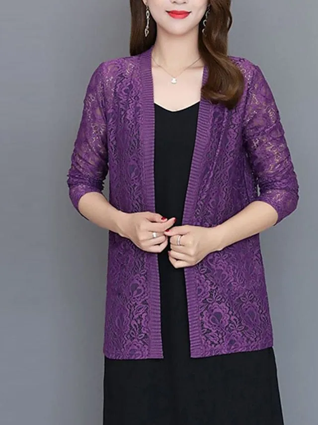 Women's Cardigan Sweater Jumper Knit Embroidered Lace Trims Pure Color V Neck Stylish Elegant Outdoor Work Spring Summer Green Purple XL 2XL 3XL / Long Sleeve / Regular Fit / Going out