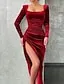 Women's Wine Red Velvet Midi Cocktail Dress With Ruched Split