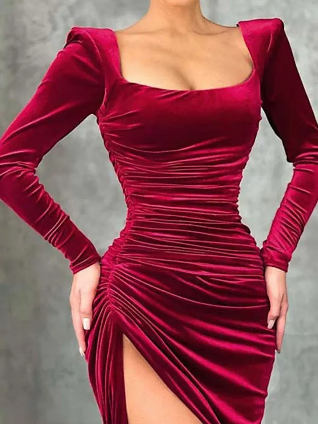 Women's Wine Red Velvet Midi Cocktail Dress With Ruched Split