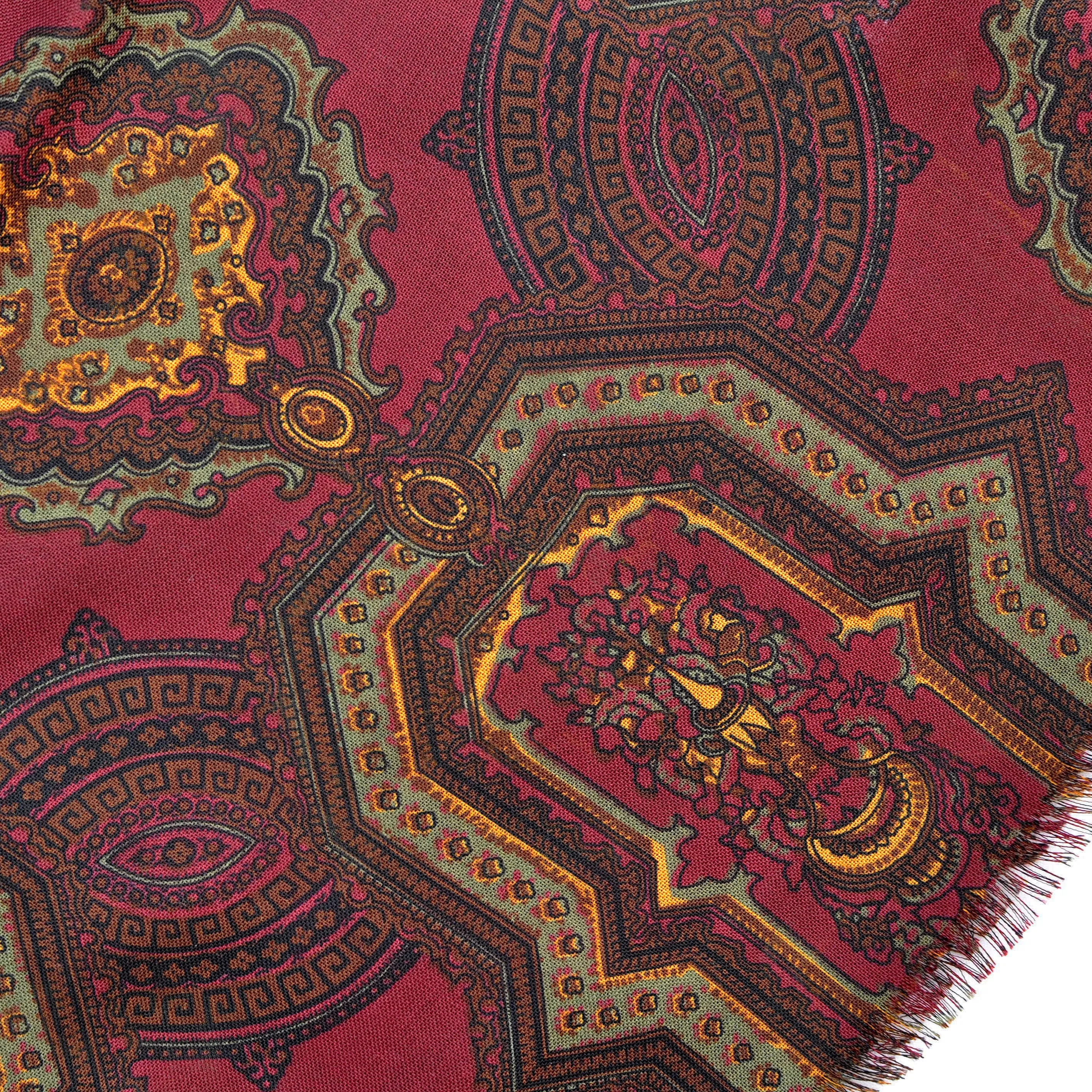 Wool Silk Medallion Scarf in Claret & Brown