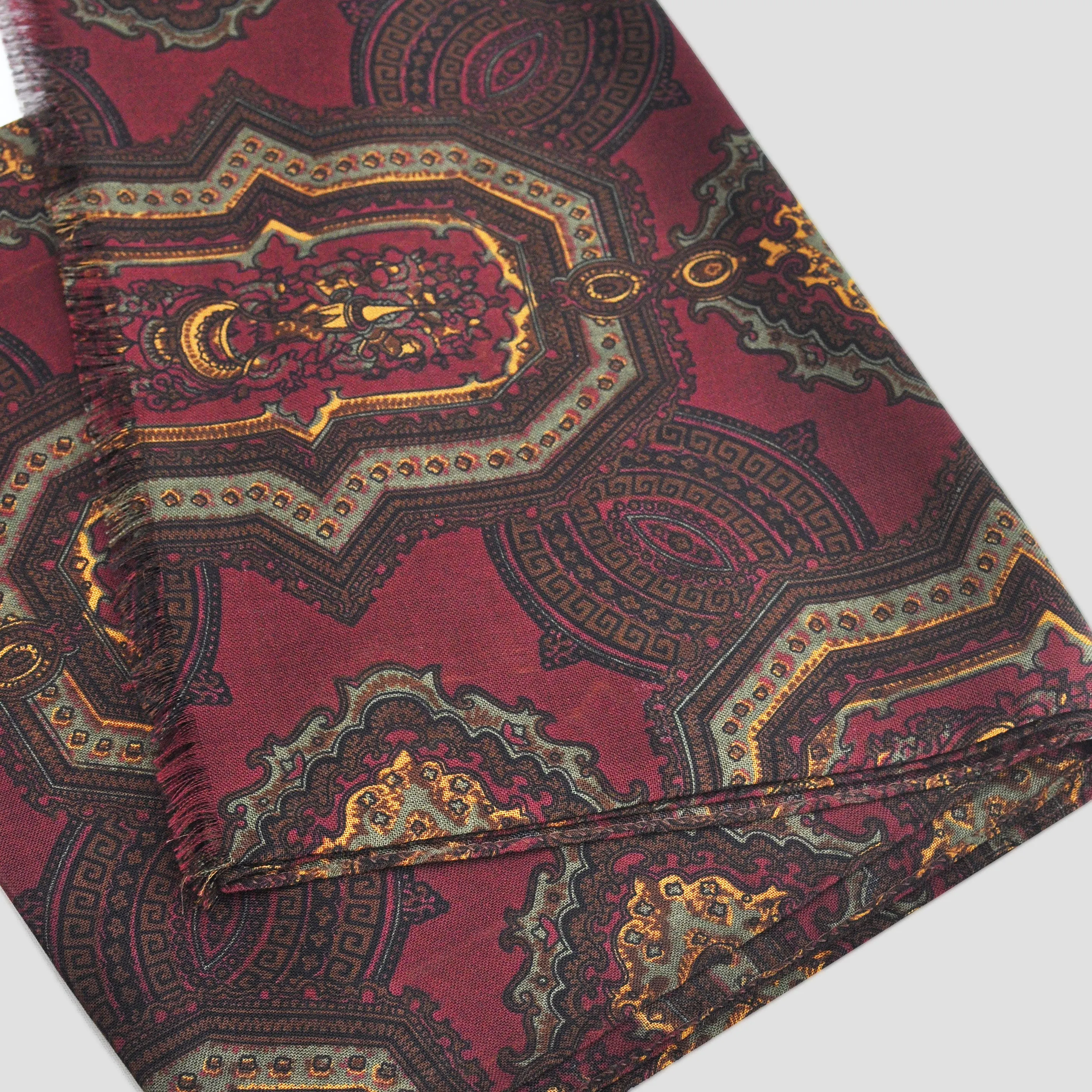 Wool Silk Medallion Scarf in Claret & Brown