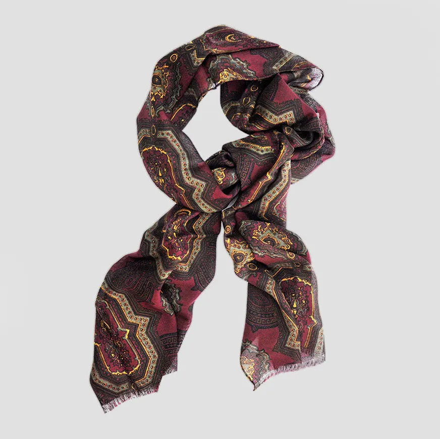 Wool Silk Medallion Scarf in Claret & Brown