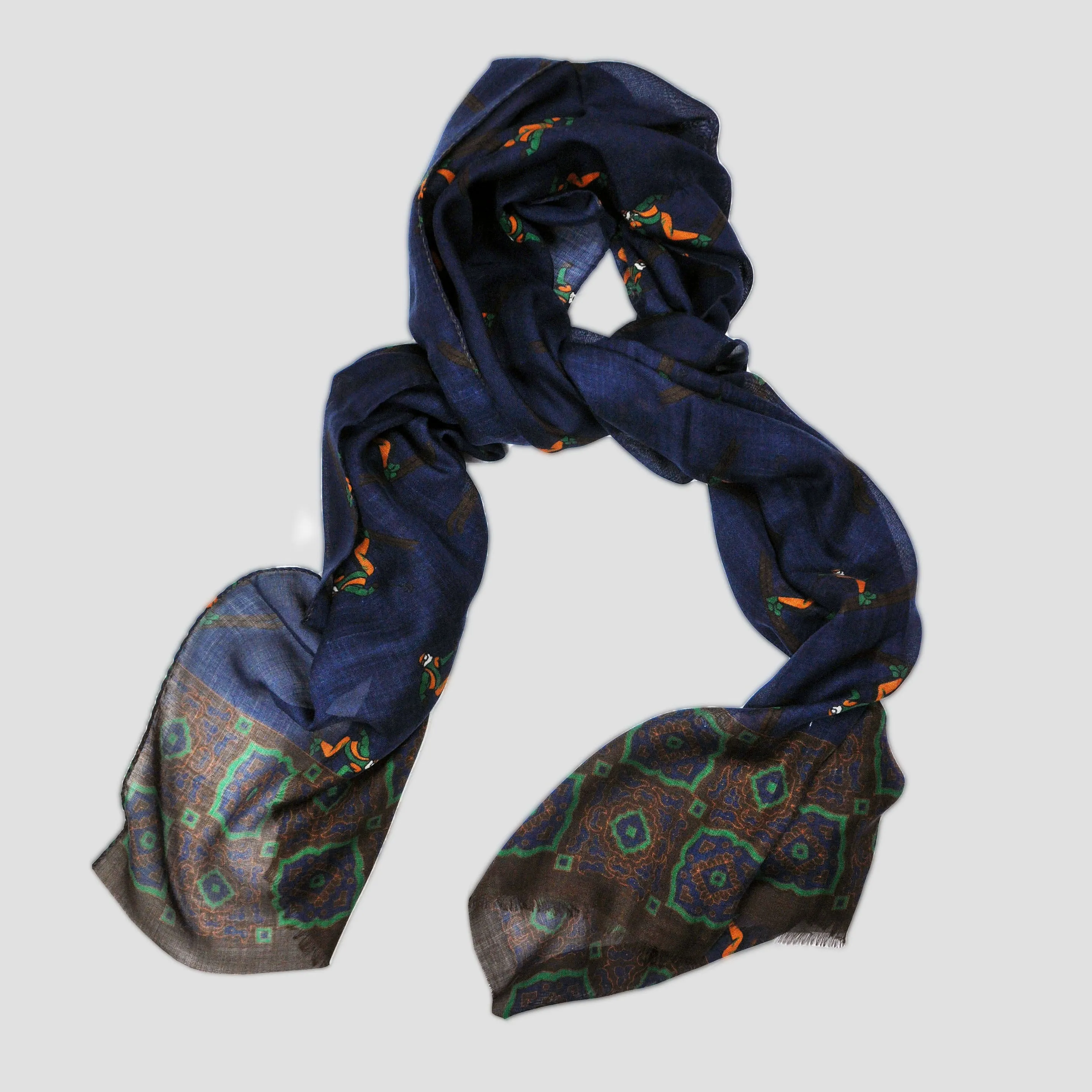 Wool Silk Skier Scarf in Blue & Brown