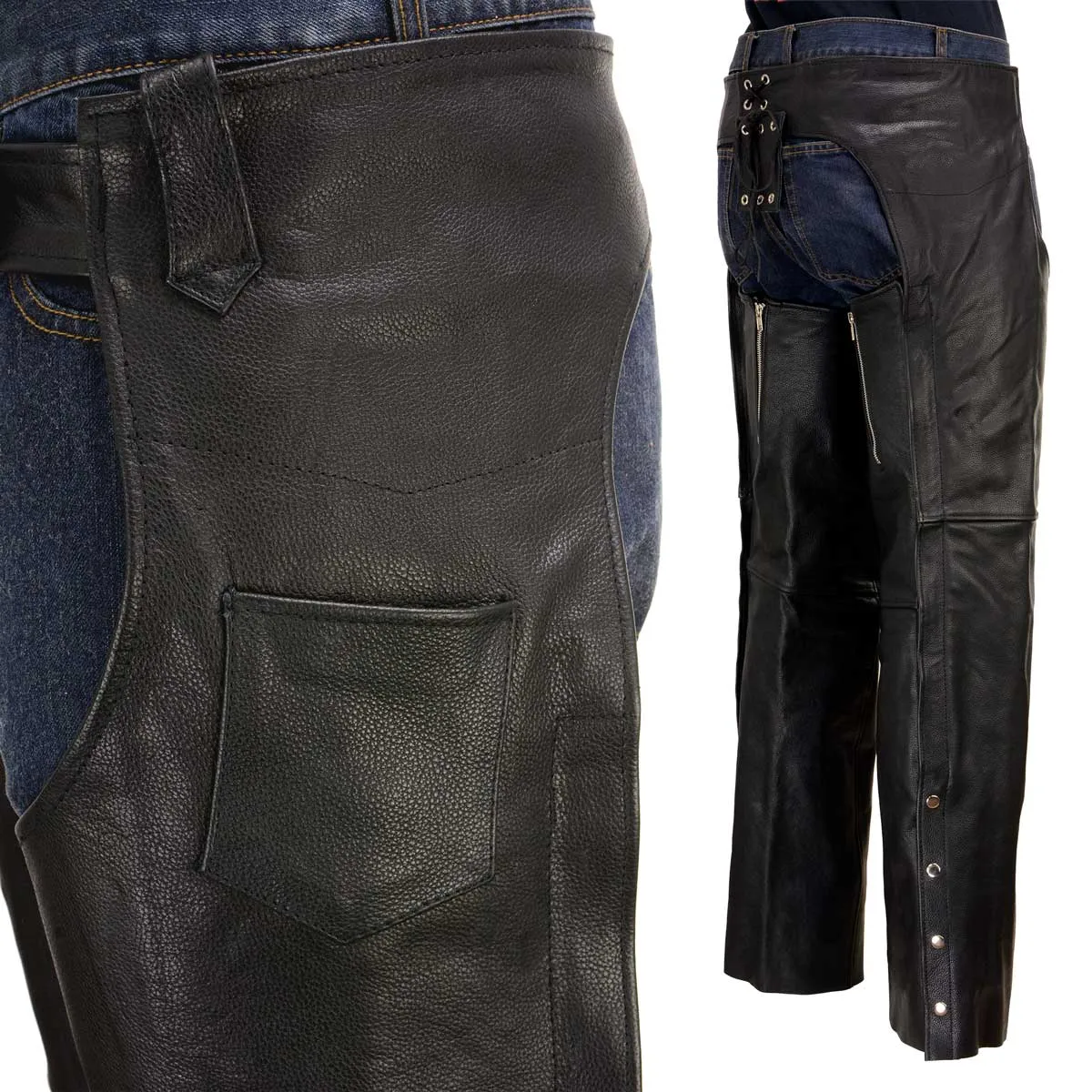 Xelement B7552 Men's Black 'Easy Fit' Premium Leather Motorcycle Chaps